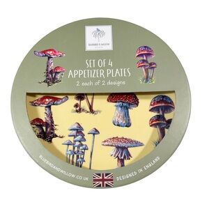 NEW Bluebird & Willow MUSHROOM APPETIZER PLATES Boxed Set/4 🍄🍄🍄